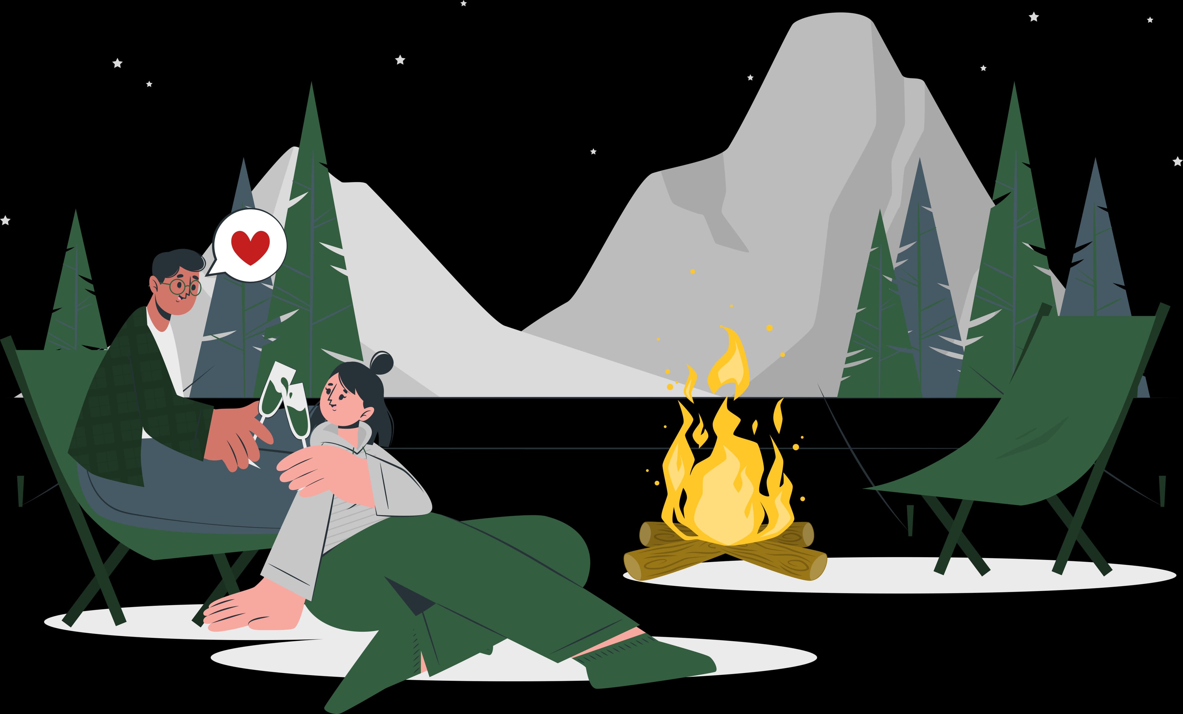 Couple camping by fire