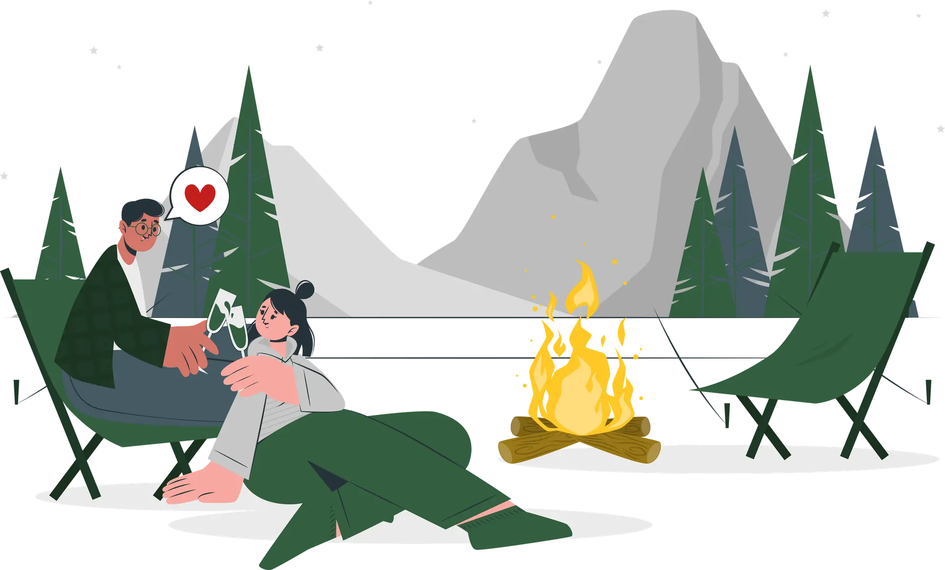Couple camping by fire